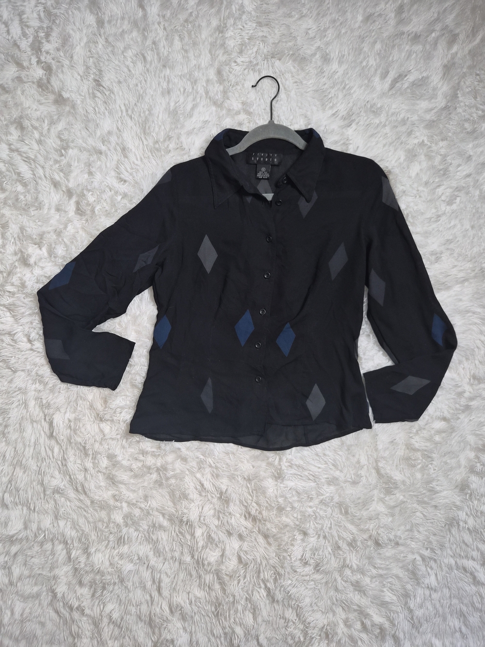 Womens Vintage Silk Shirt Button Up Finity Studio Size 12 Diamond Print Black ✨️